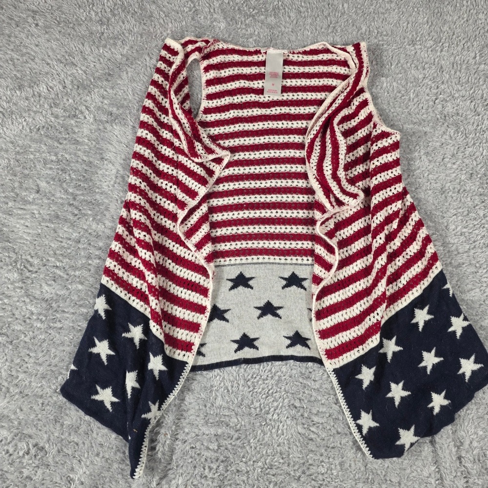Xhilaration Vest Womens Medium Red White Blue Excellent USA Flag Crochet Knit